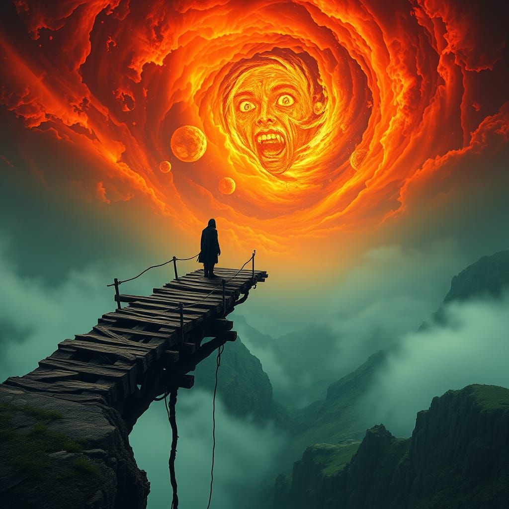 Surreal Landscape with Twisted Bridge and Fiery Vortex