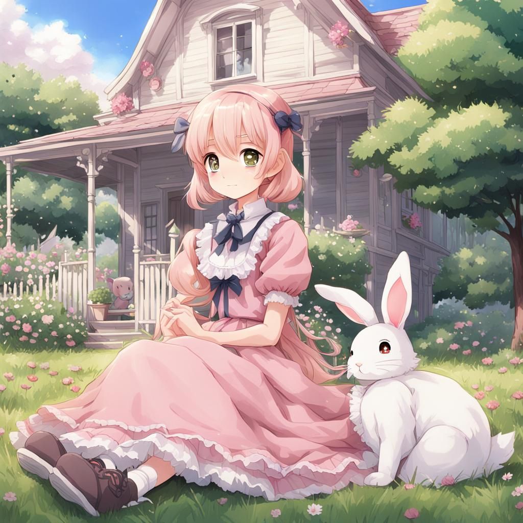 Girl with Bunny in Anime Art Style