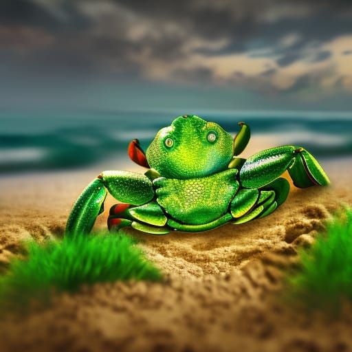 Green Crabs on Beach Shore: Hyperdetailed Digital Art