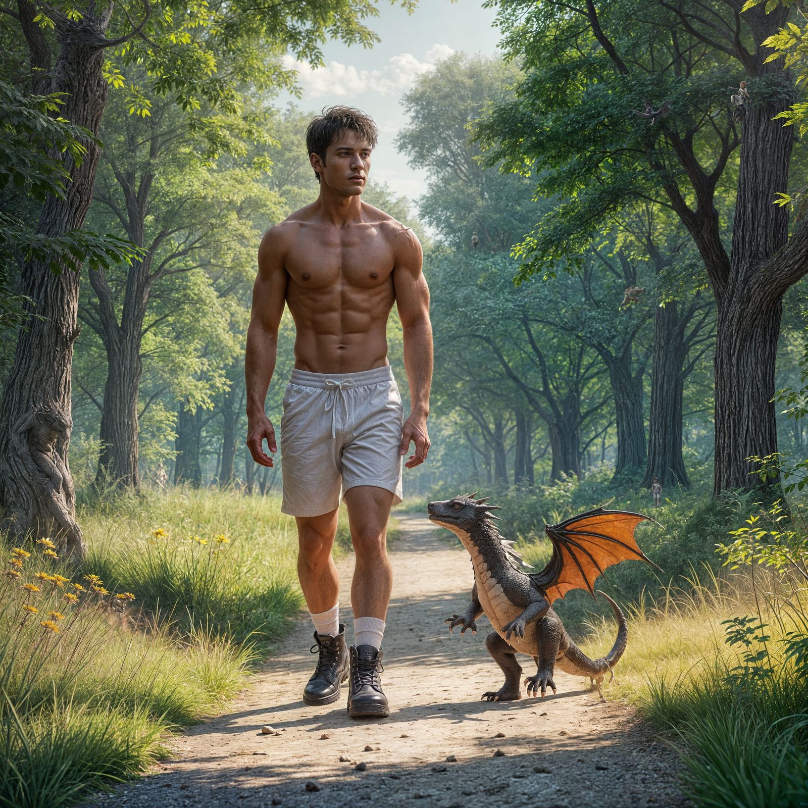 Young Man and Mini Pet Dragon Take a Stroll in a Vibrant Mat...