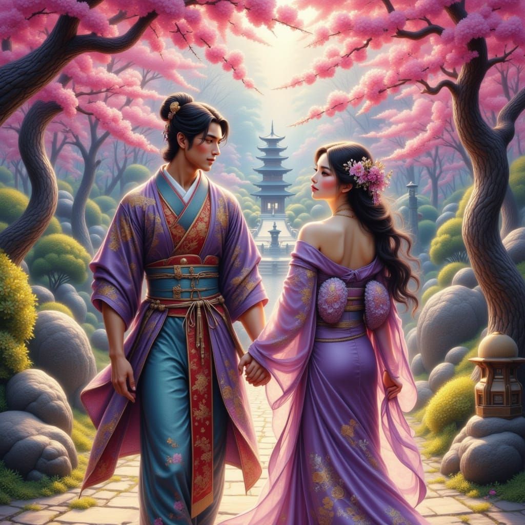 Genji and Murasaki in Heian Garden, Photorealistic Style