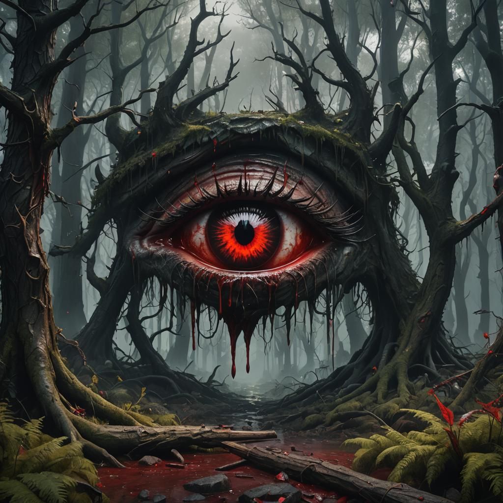 Blood Tears in Dark Forest: Detailed Matte Painting