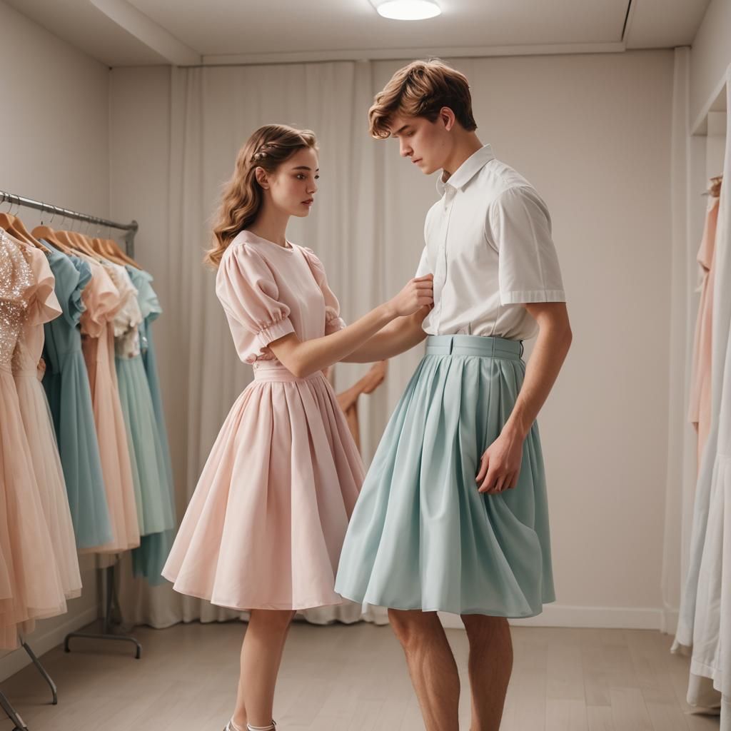 High-Fashion Photo of Girl Lifting Boy's Skirt