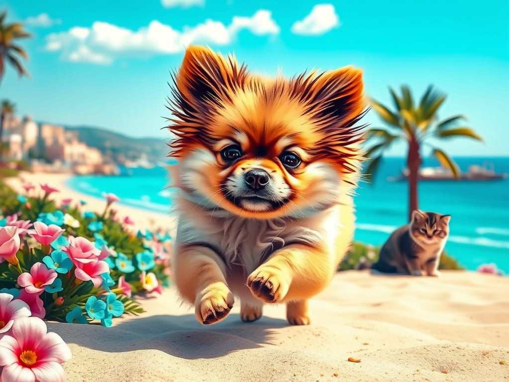 Joyful Pomeranian Puppy in Vibrant Mediterranean Beach Scene