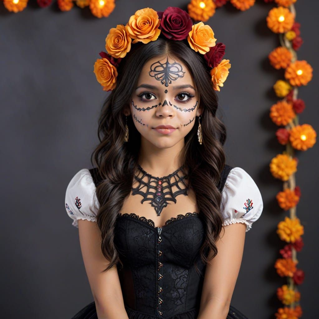 Vibrant Day of the Dead Celebration in a Cyberpunk Aesthetic