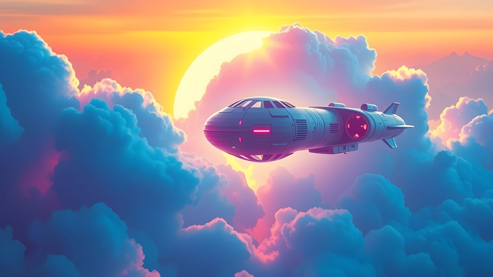 Neon Blue Cloud Shines with Holographic Alien Spaceship