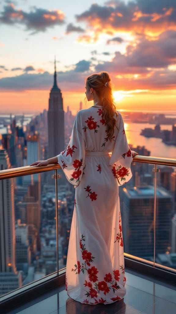 Woman on Skyscraper Observation Deck as Art Nouveau