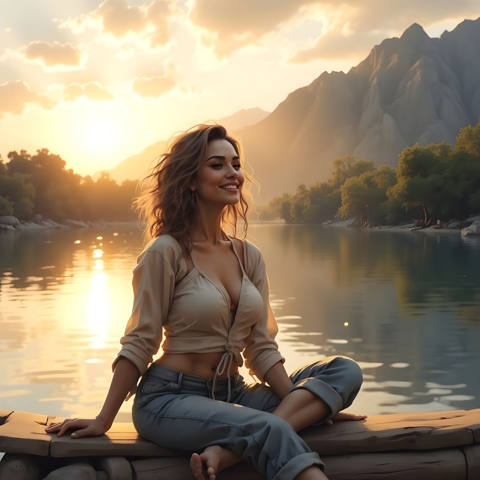 Woman Enjoying Sunny Afternoon by the Lake