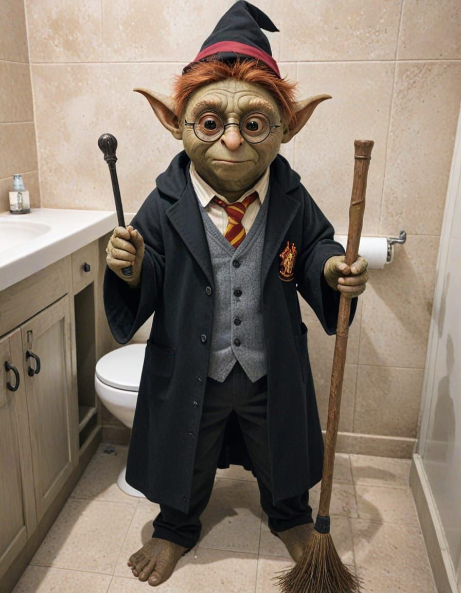 Trolls in Bathroom with Clubs, Fantasy Scene