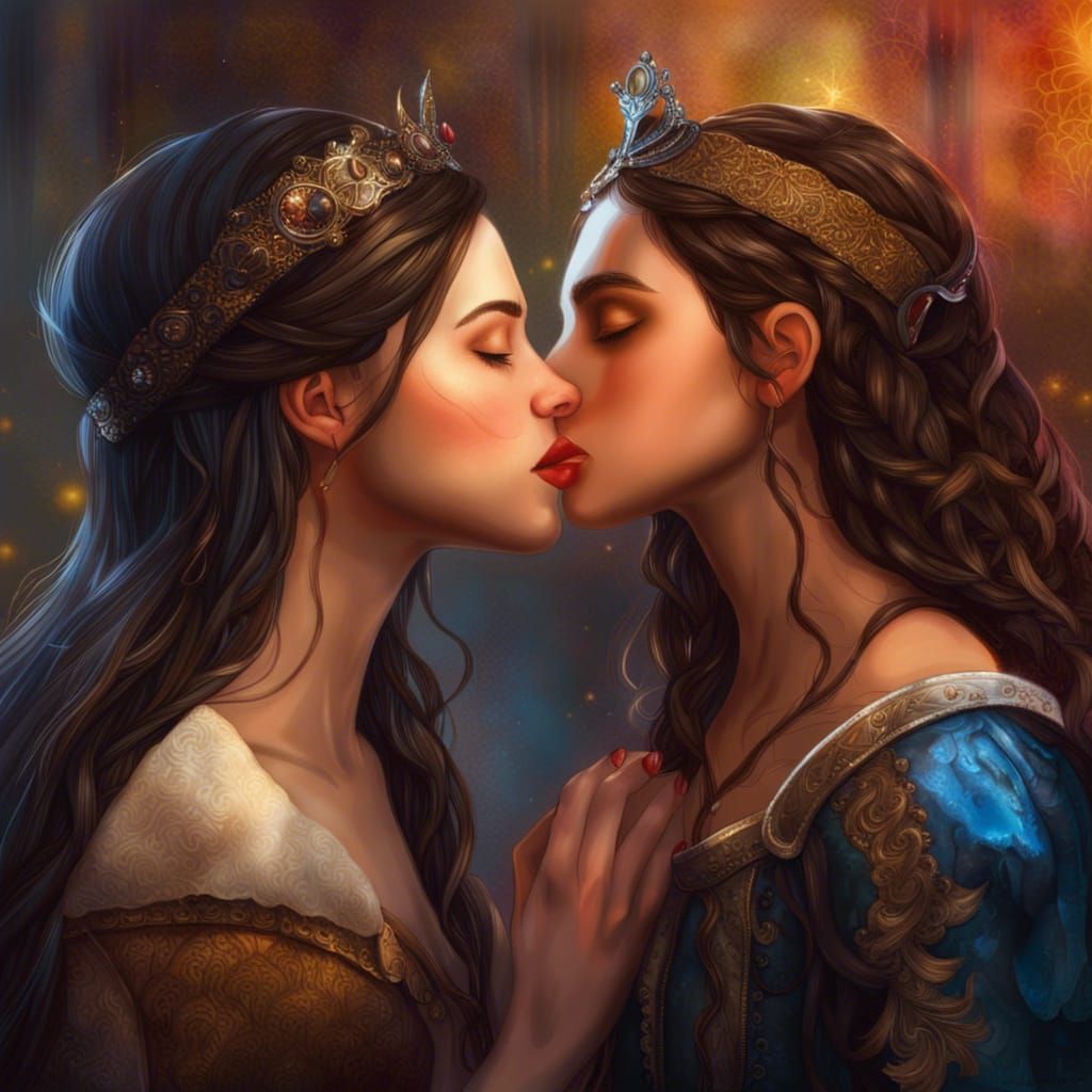 Medieval Fantasy Princesses Kiss in Hyperrealistic Digital A...