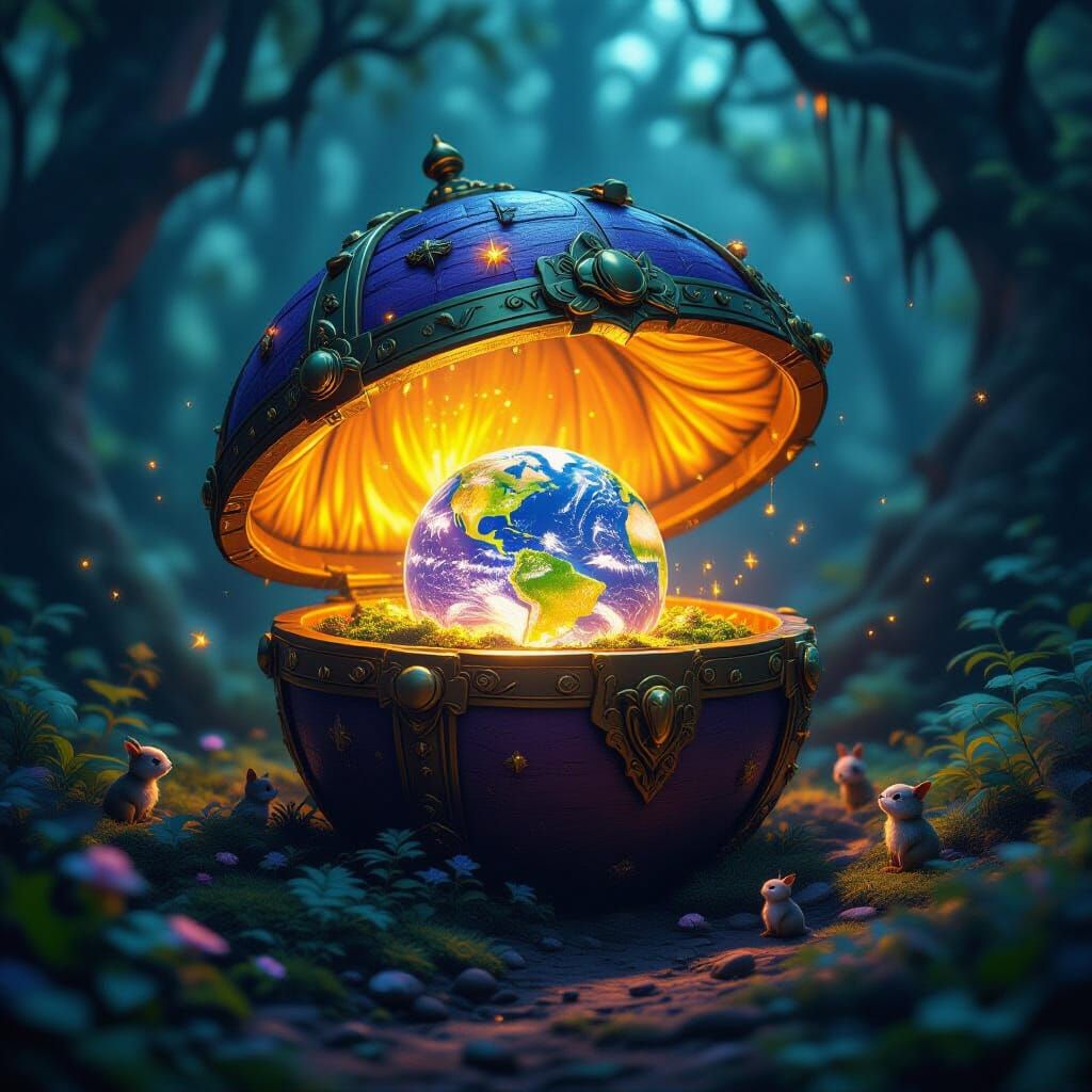 Mushroom Treasure Chest Reveals Glowing Earth in Mystical Fo...