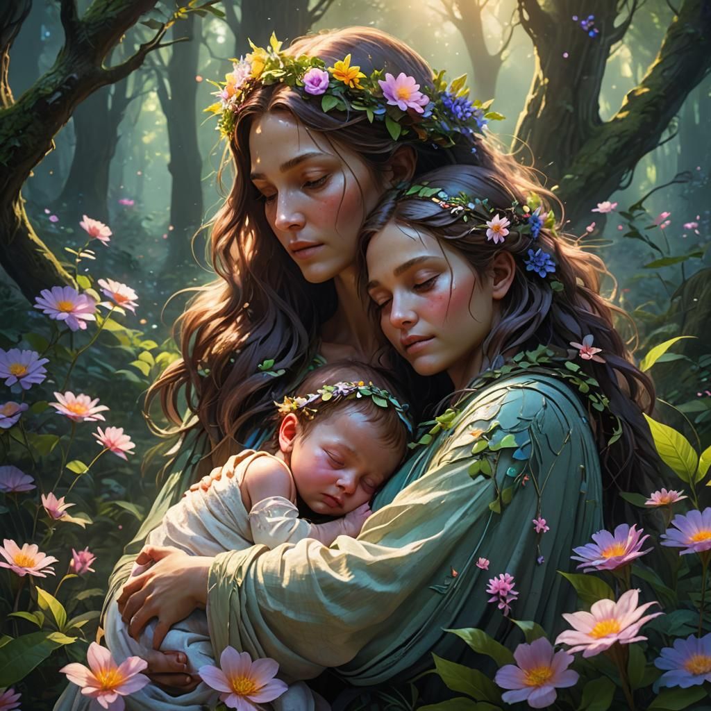 Mystical Forest Mother and Child: Fantasy Art