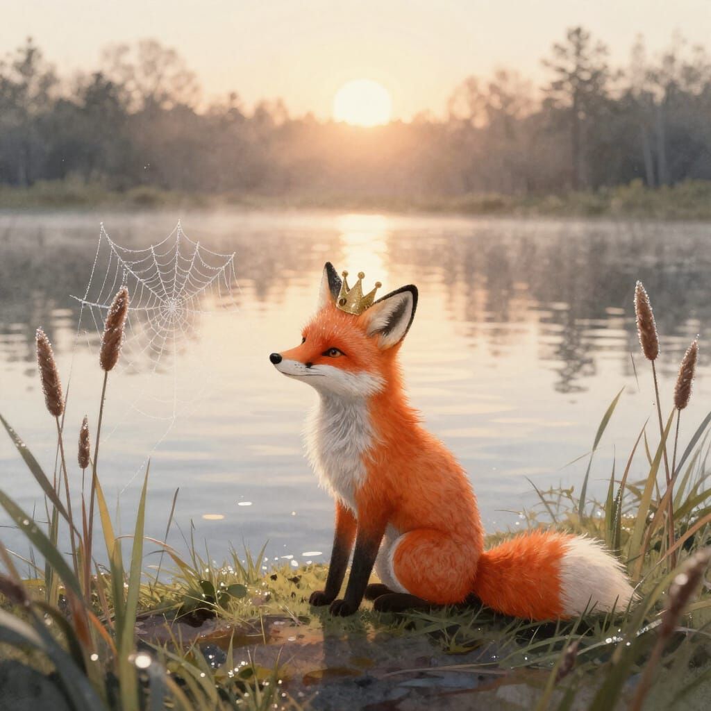 Whimsical Fox by Pond at Sunrise in Watercolor Style