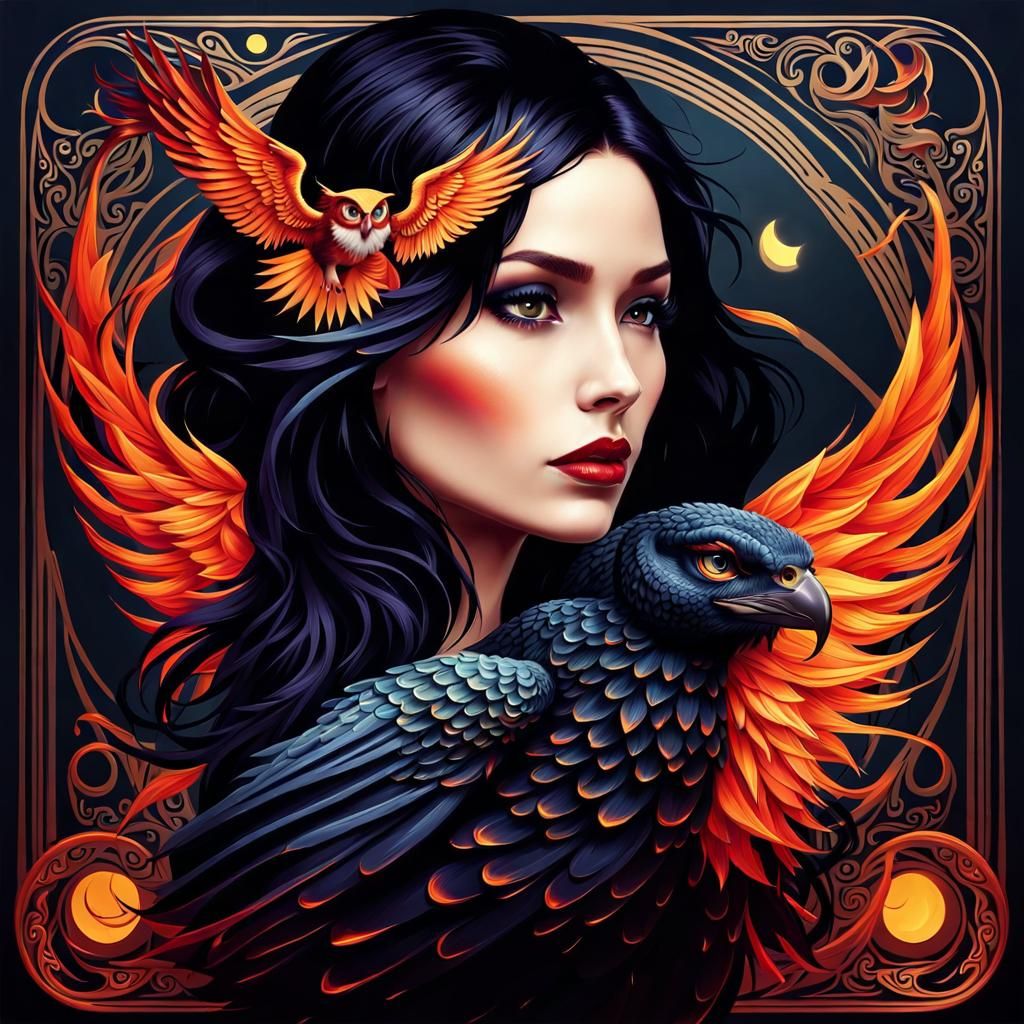 Surreal Girl with Raven Wings in Art Nouveau Style