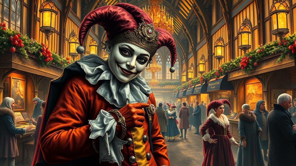 Tudor Market Masquerade: A Festive Oil Painting