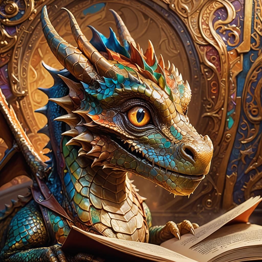 Baby Dragon Amazed by Storybook in Hyperrealistic Style