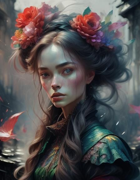 Fractal Zentangle Girl with Red Flowers in Brutalist Design