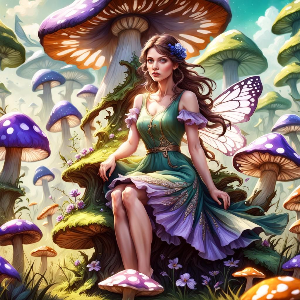 Fairy with Flower Dress on Mushroom Seat