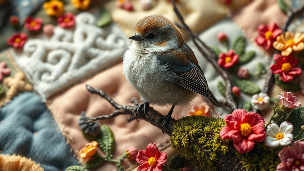 Embroidery Art: Feathered Bird on Mossy Branch