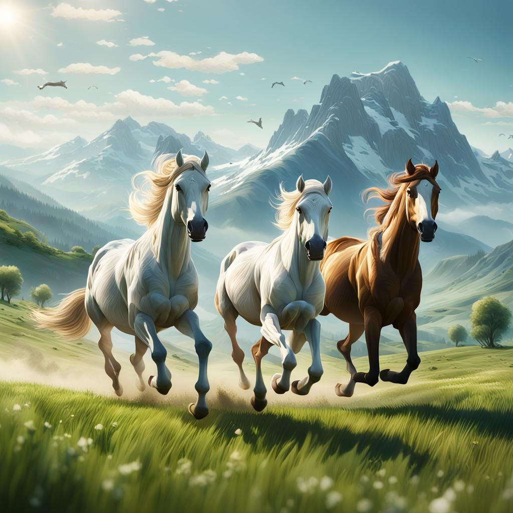 Horses Running in Field, Digital Art