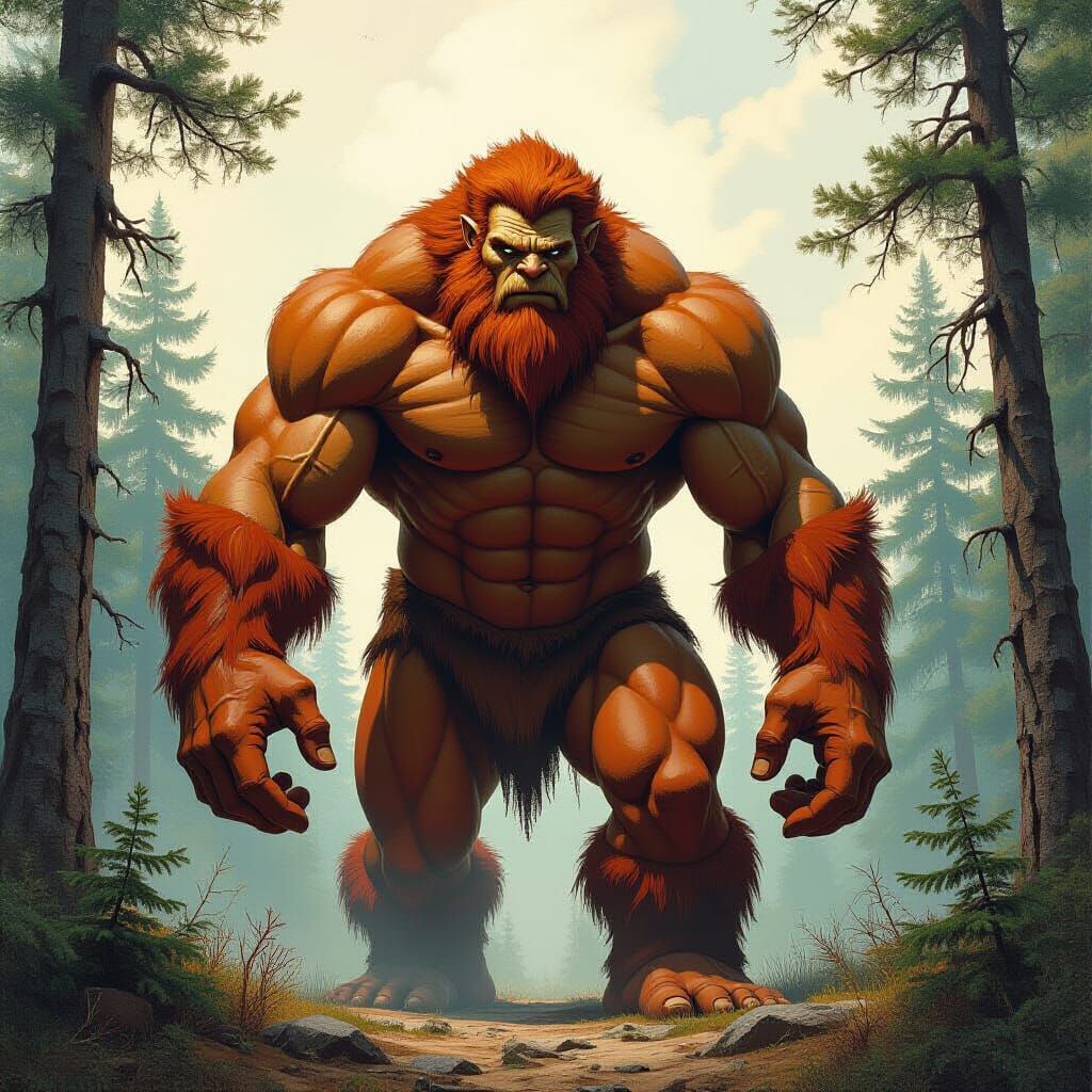 Wild Man in Forest, Frazetta, Mead, and Beksinski Inspired