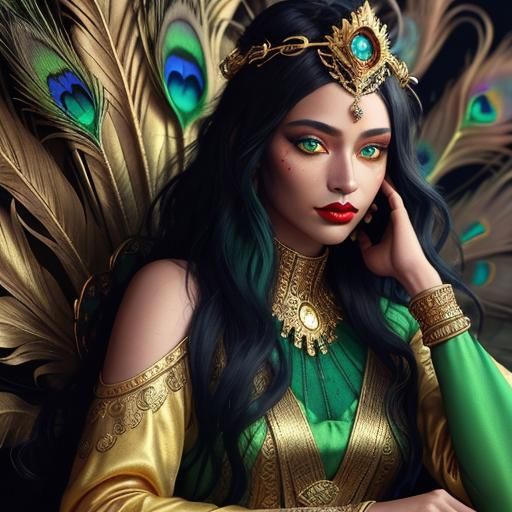 Fantasy Women with Metallic Skin and Peacock Feathers