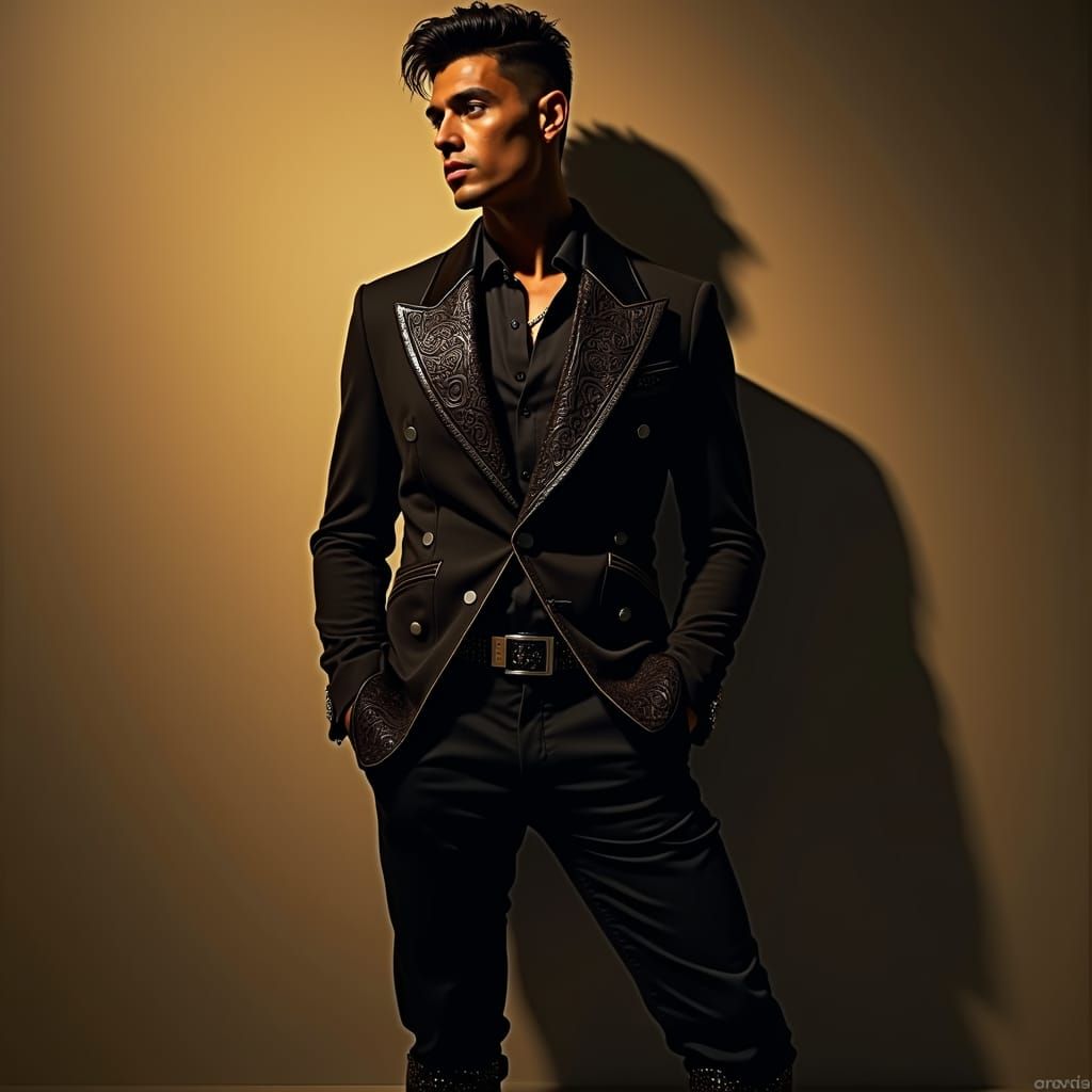 Mysterious Man with Violet Eyes in Etched Jacket