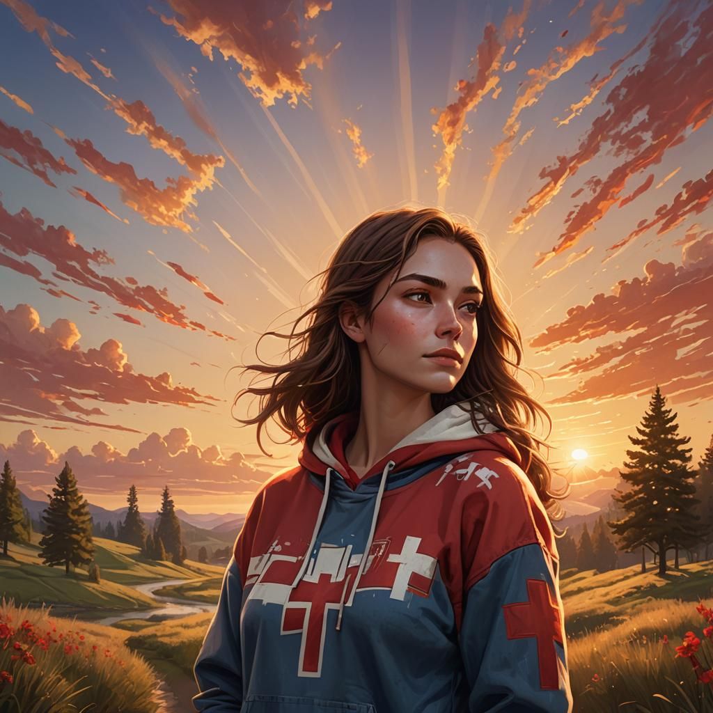 Proud Girl in Sunset Landscape: Fantasy Concept Art