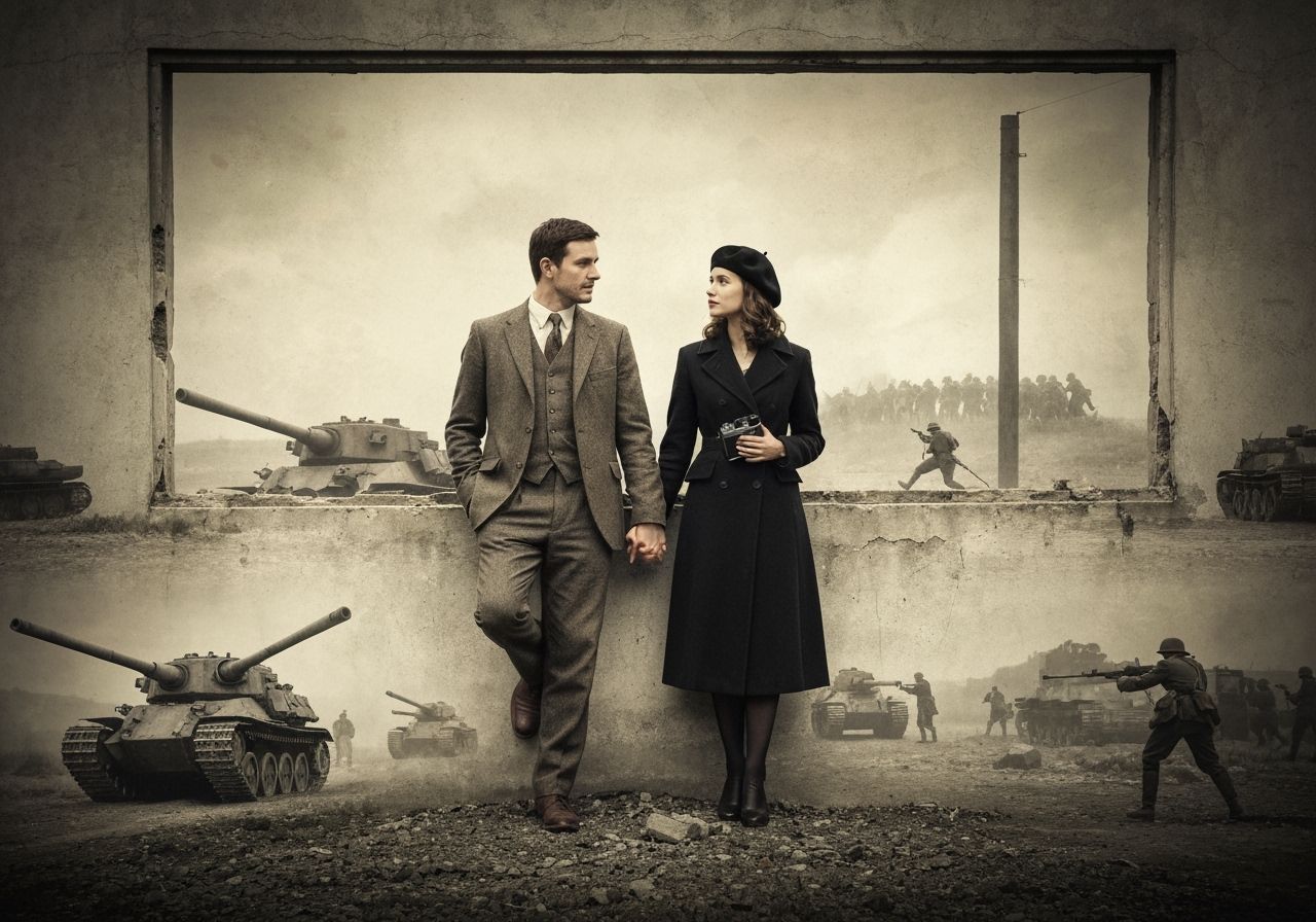 Vintage Couple in War Zone, Capa-Style Photography