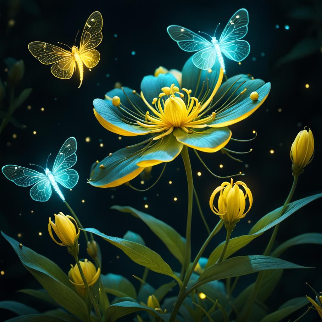 Bioluminescent Flower with Fireflies, Hyperdetailed Digital ...