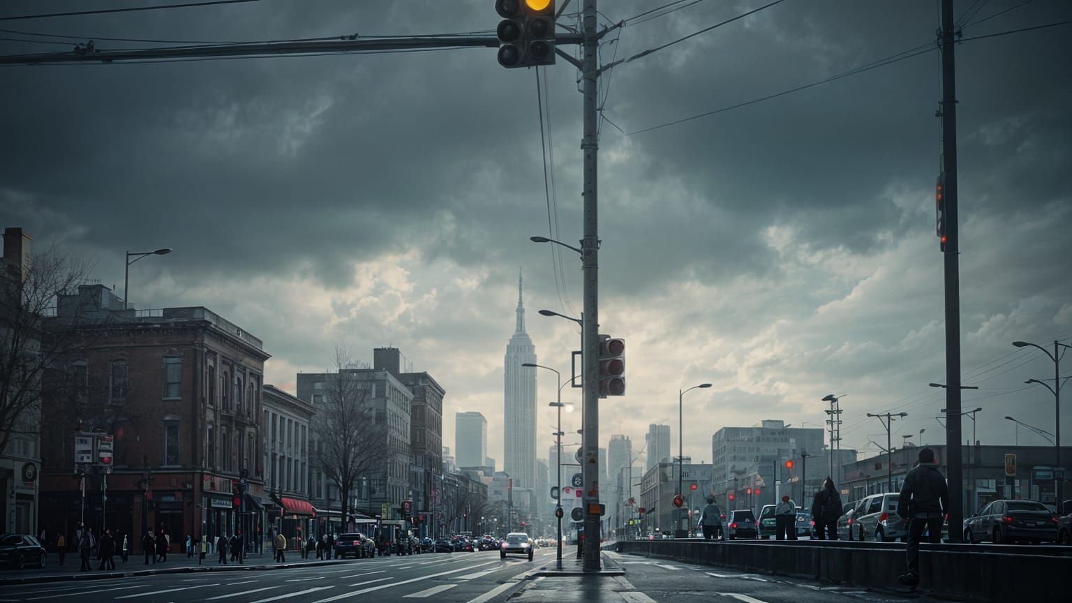 Crowded Cityscape with Red Traffic Light