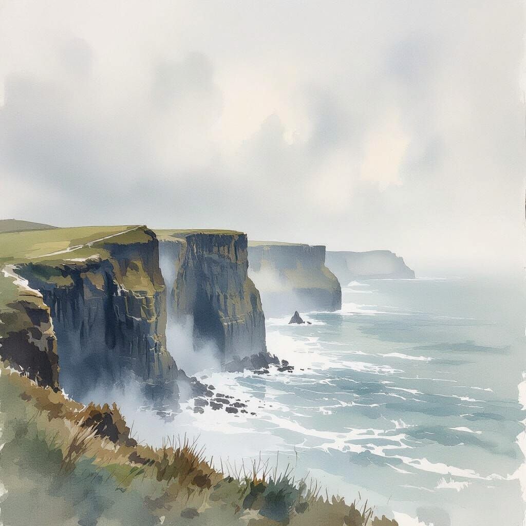 Misty Sea Cliffs in Watercolor with Textured Brushwork
