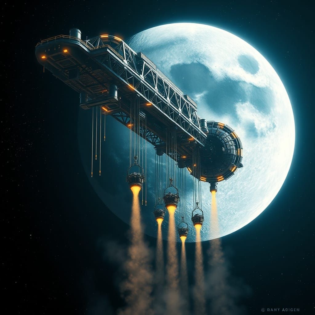 Lunar Space Station with Mineral Elevators: Digital Matte Pa...