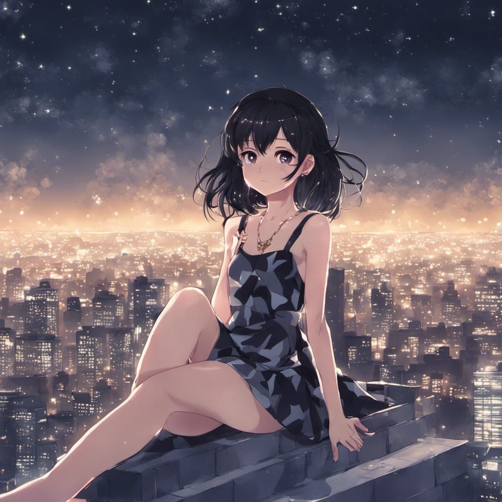 Anime Girl Sits Atop Building at Night