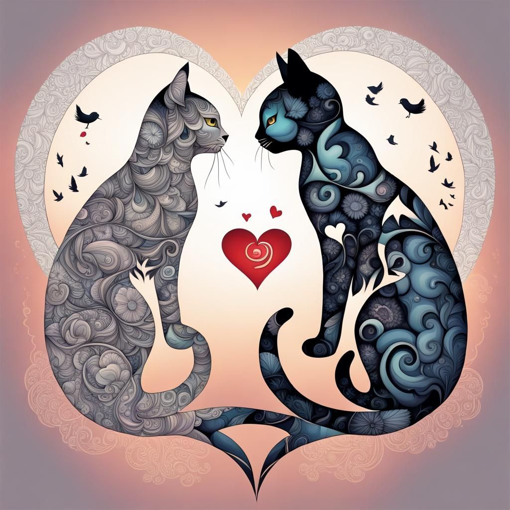 Romantic Cats with Heart in Sky: Abstract 3D Shading