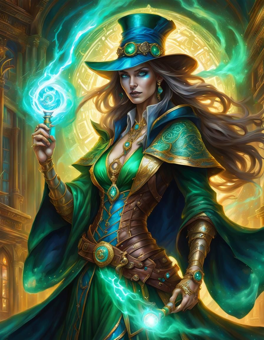 Aetherpunk Sorceress in Alchemist Library