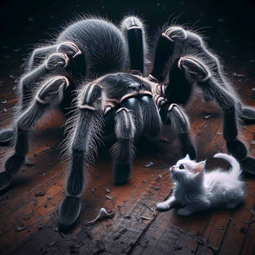 Playful Spider and Kitten Interaction in Hyperrealism