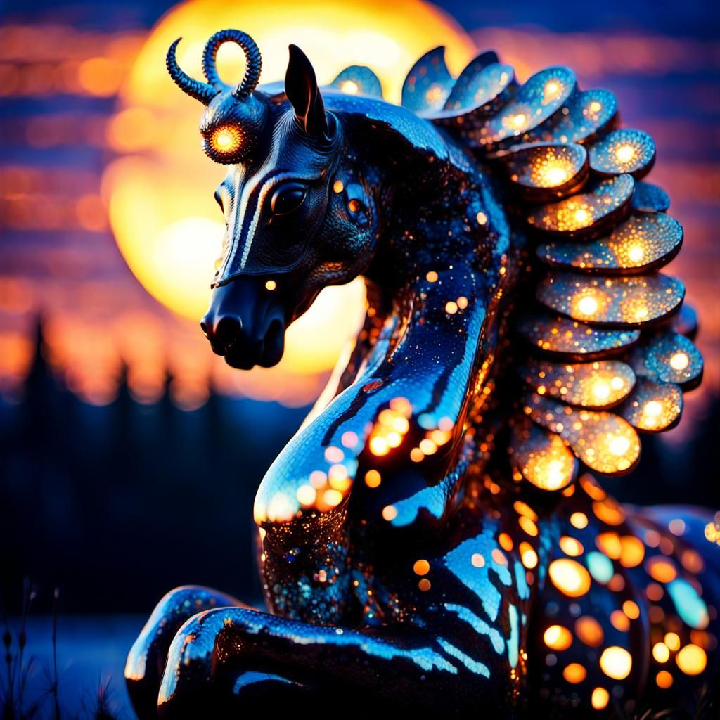 Sparkling Sunset Hybrid in Magical Forest, Art Nouveau Style