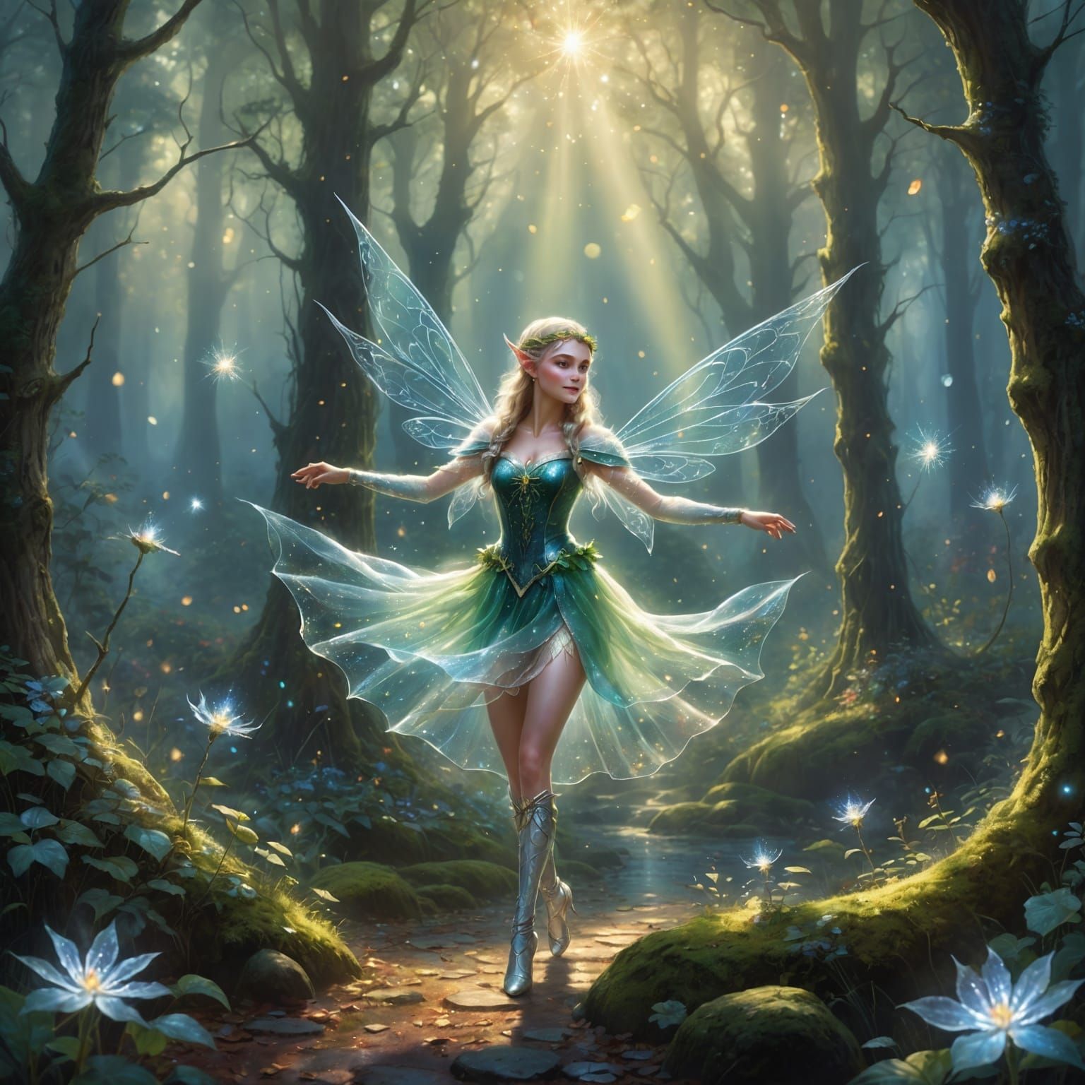 Ethereal Elf Dances in Enchanted Forest