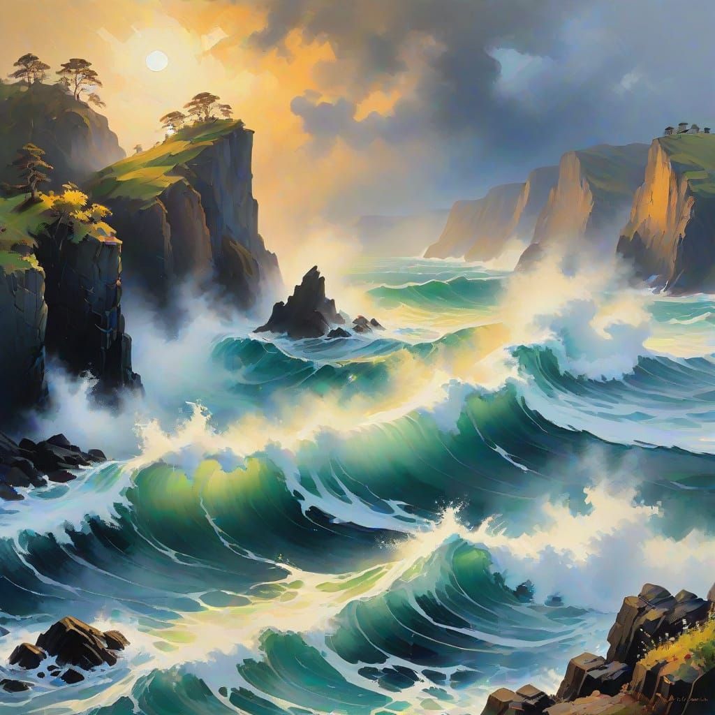 Misty Seascape in Gouache Style