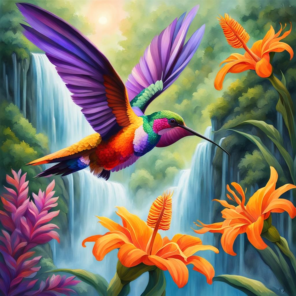 Hummingbird Fantasy: Vibrant Digital Art Waterfall Scene