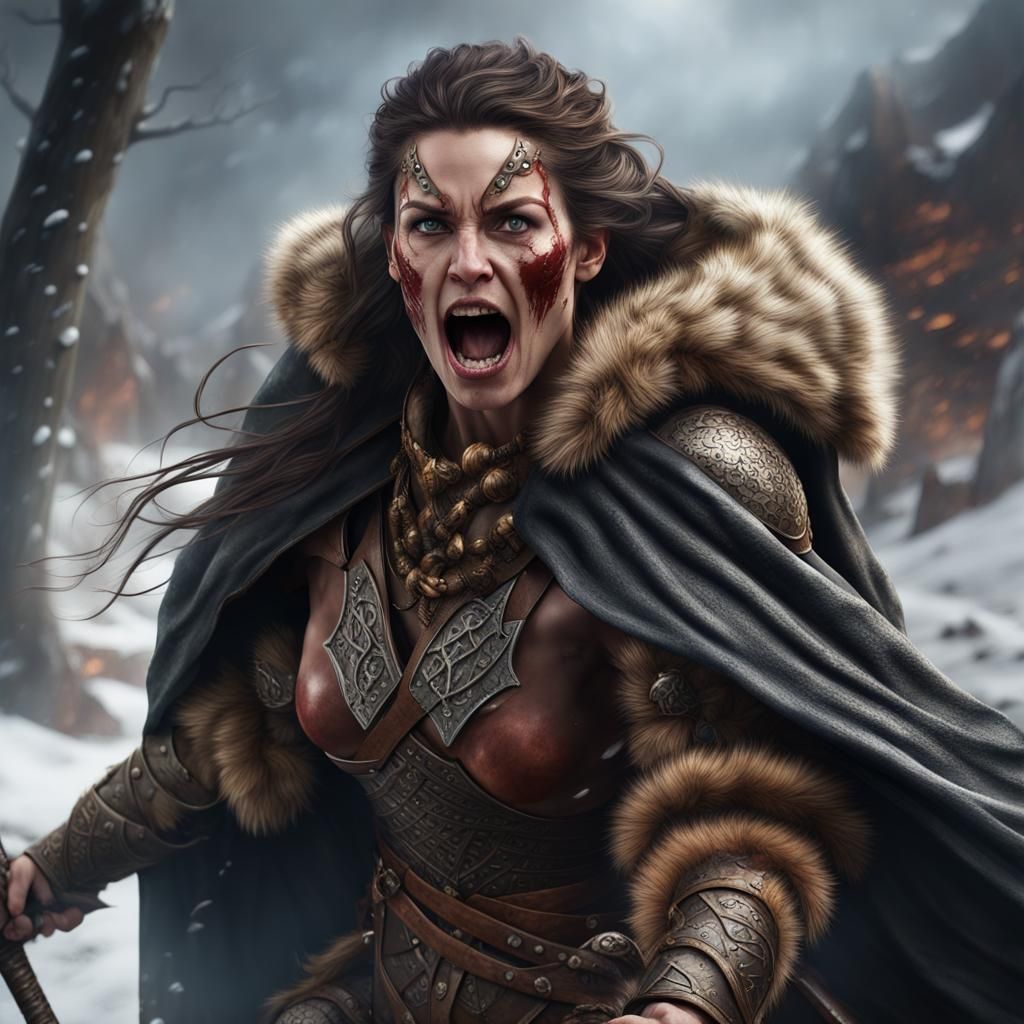 Furious Viking Warrior Woman in Detailed Digital Painting