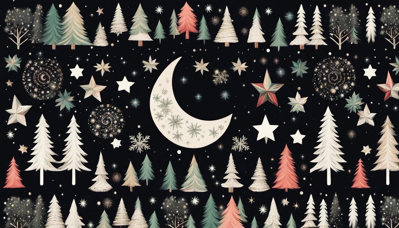 Vintage Christmas Forest Design on Black Background