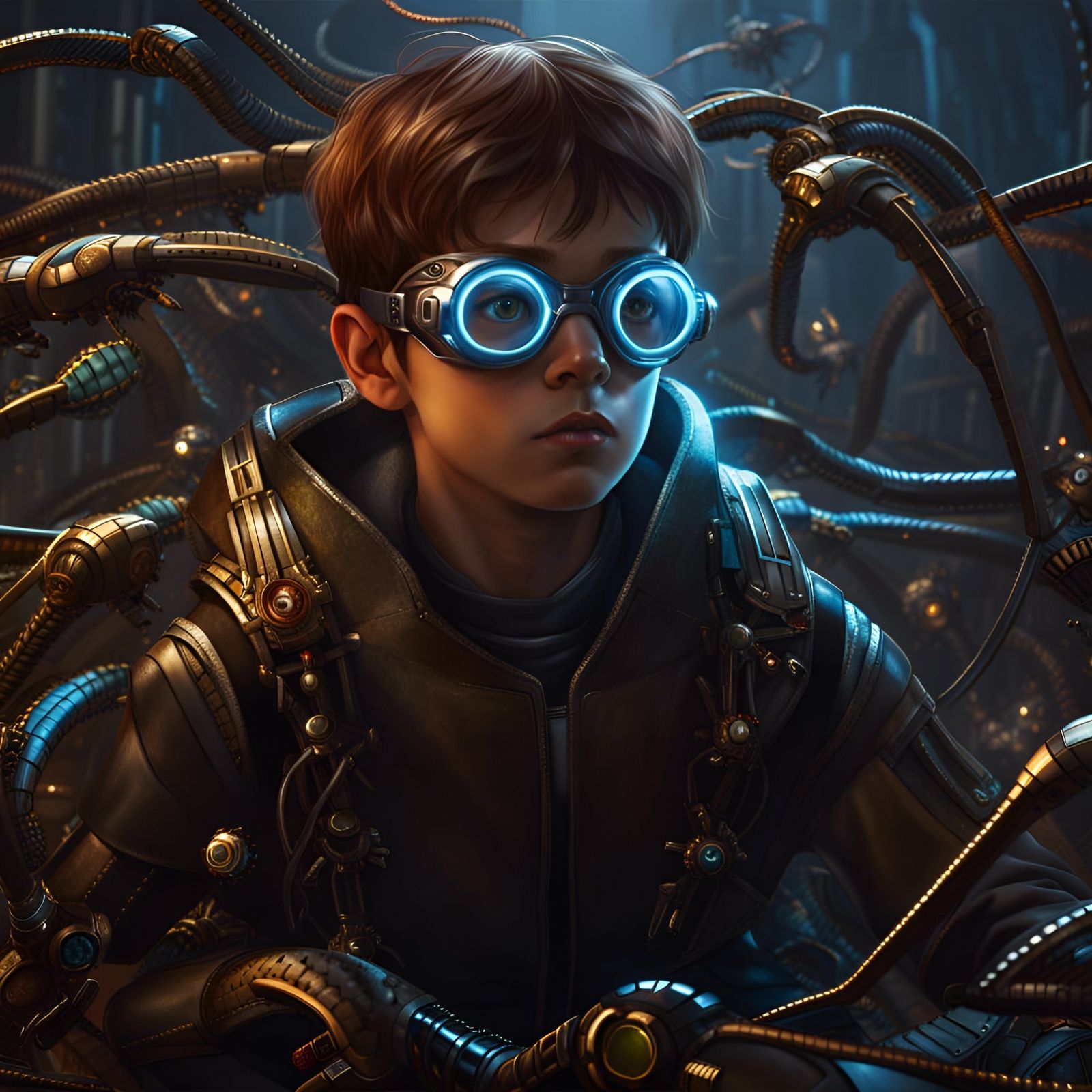 Boy with Cyber Glasses Controls Mechanical Spiders