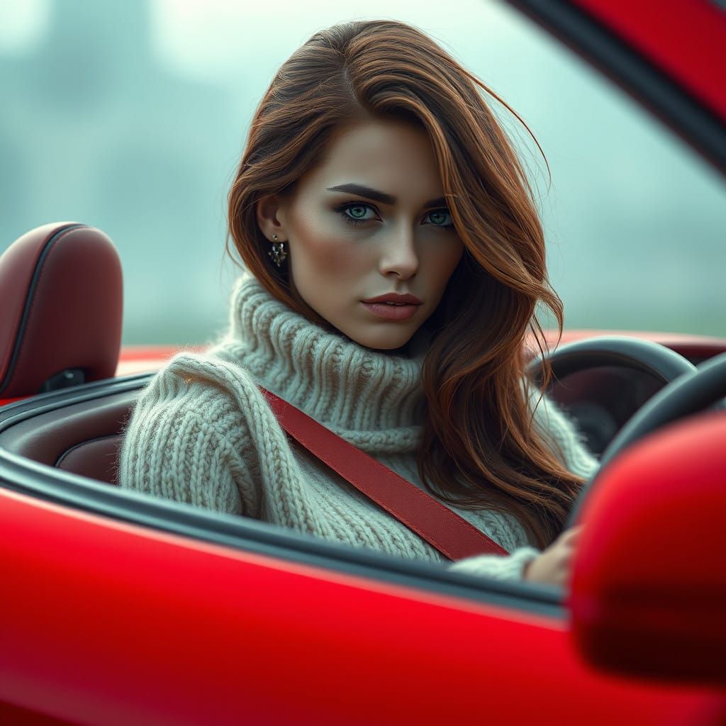 Elegant Woman in Fuzzy Sweater Drives Red Sportscar