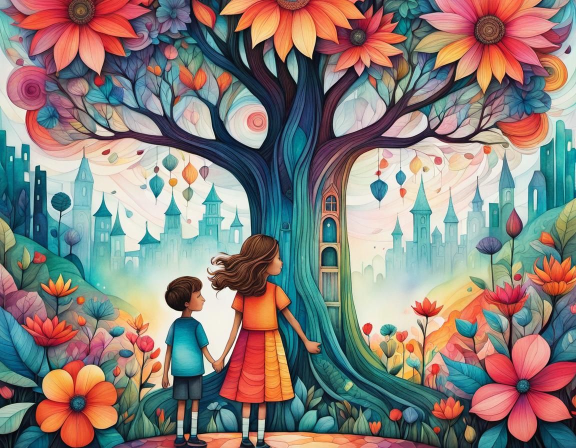 Magical Garden: Whimsical Cubist Illustration of Children