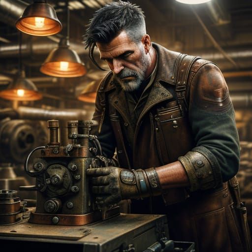 Dieselpunk Mechanic Repairs Machine in Factory