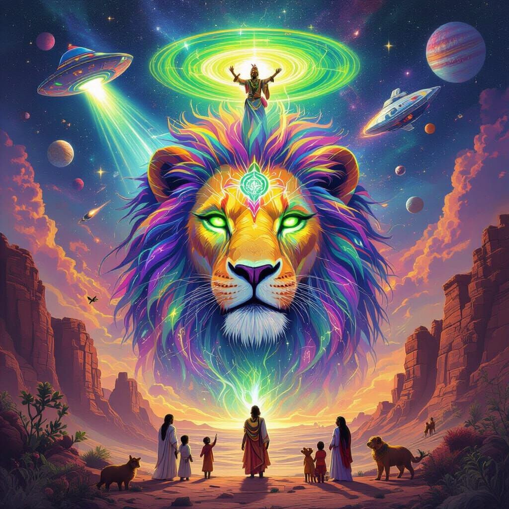 Afrofuturist Lion God in Psychedelic Cosmic Landscape