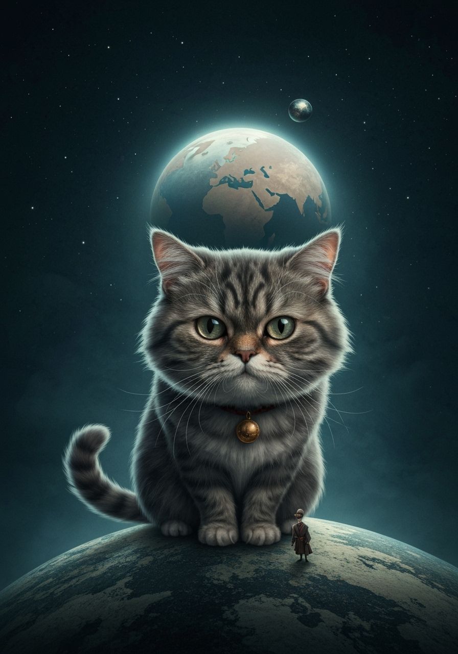 Wise Cat King on Tiny Planet: Dreamlike Vintage Art