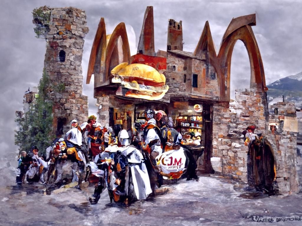 McDonald's Restaurant in Medieval Italy as Oil Painting